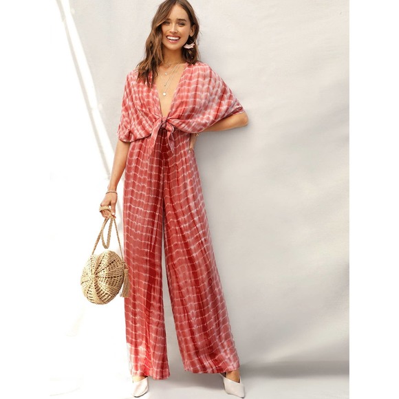 70s style Plunging Neck Knot Front Tie Dye Palazzo Jumpsuit orange - Picture 5 of 5